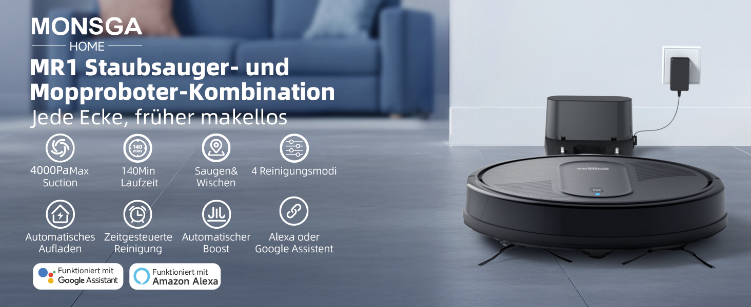 Пылесос-робот Monsga 3-в-1 с функцією влажного прибирання, 3000PA, безщітковий мотор, 140 хв роботи, ідеальний для шерсті тварин, килимів та твердих підлог, чорний