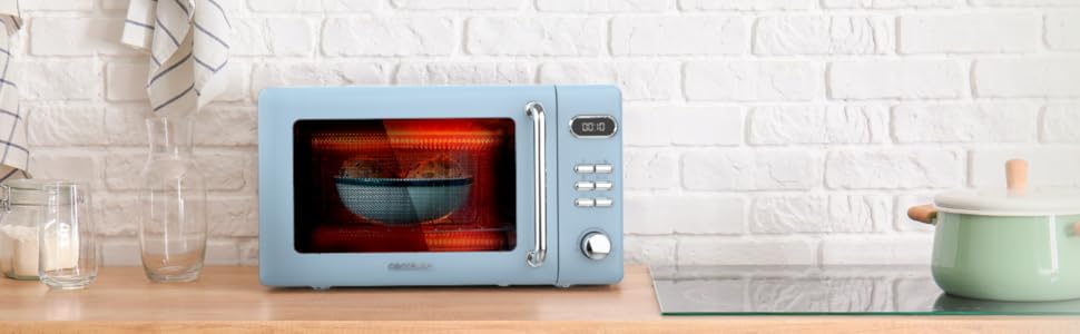 Мікрохвильова піч Cecotec Proclean 5110 Retro Blue з грилем, 20 л, 700 Вт, 5 режимів, 8 програм, таймер 60 хв, функція розморожування, сигнал завершення, ретро-дизайн, блакитна, з блокуванням від дітей