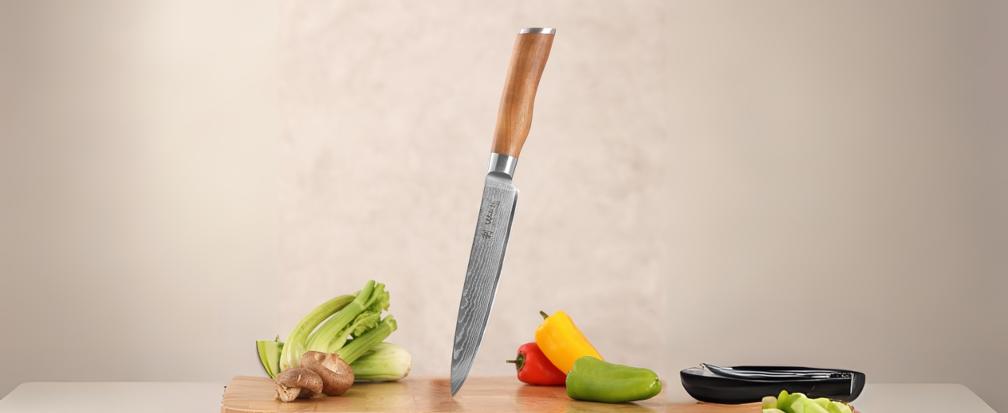 Ніж кухарський Wakoli з дамаської сталі (серцевина VG10) з 20 см лезом – гострий та збалансований – ніж з ручкою з оливкового дерева в подарунковій коробці – ніж кухарський з дамаської сталі для професіоналів та поціновувачів (ніж для нарізання)