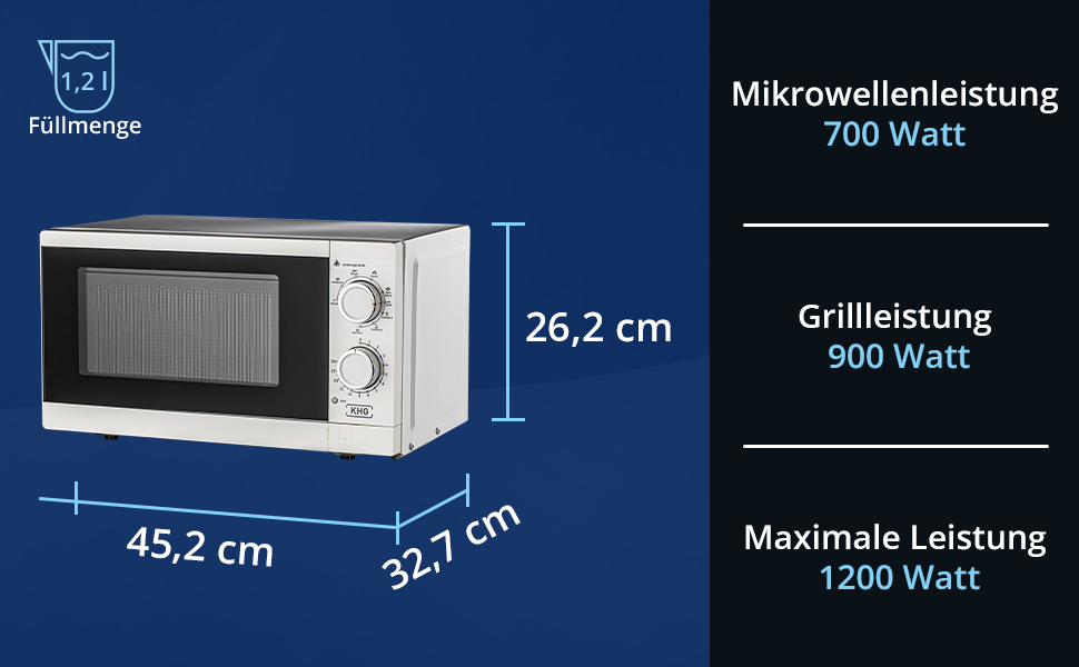 Мікрохвильова піч KHG MW-20.1GW з грилем 20л з металу білого кольору, 6 рівнів потужності та 3 комбінованих рівня, до 1 270 Вт, поворотний стіл, 30-хвилинний таймер, блокування від дітей