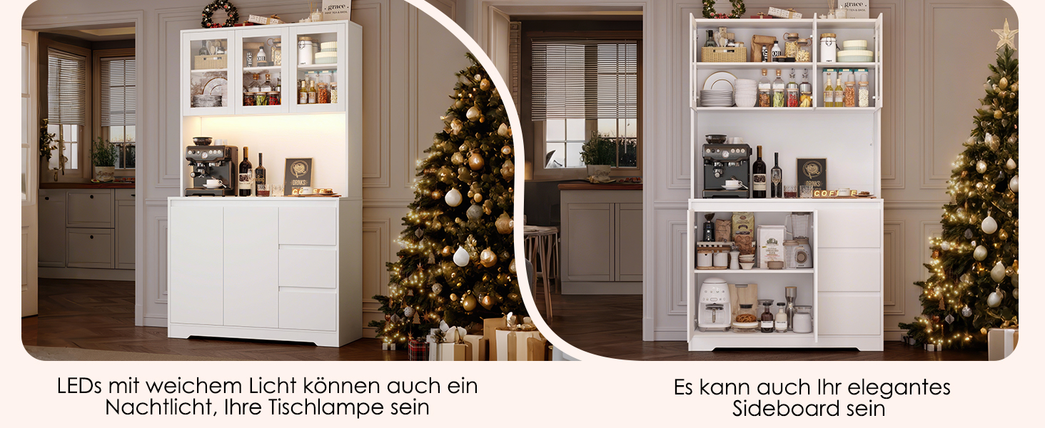 Кухонна шафа FirFurd з LED-підсвічуванням, буфет, комод з робочою поверхнею, 3 висувні ящики, регульована полиця, 180x100x38.5 см (білий)