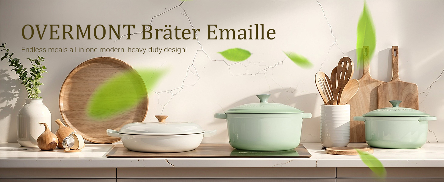 Чавунна казан-каструля Overmont з емалевим покриттям 26см, 5.2л, Bean Green — універсальний горщик для тушкування та запікання з кришкою та кулінарною книгою
