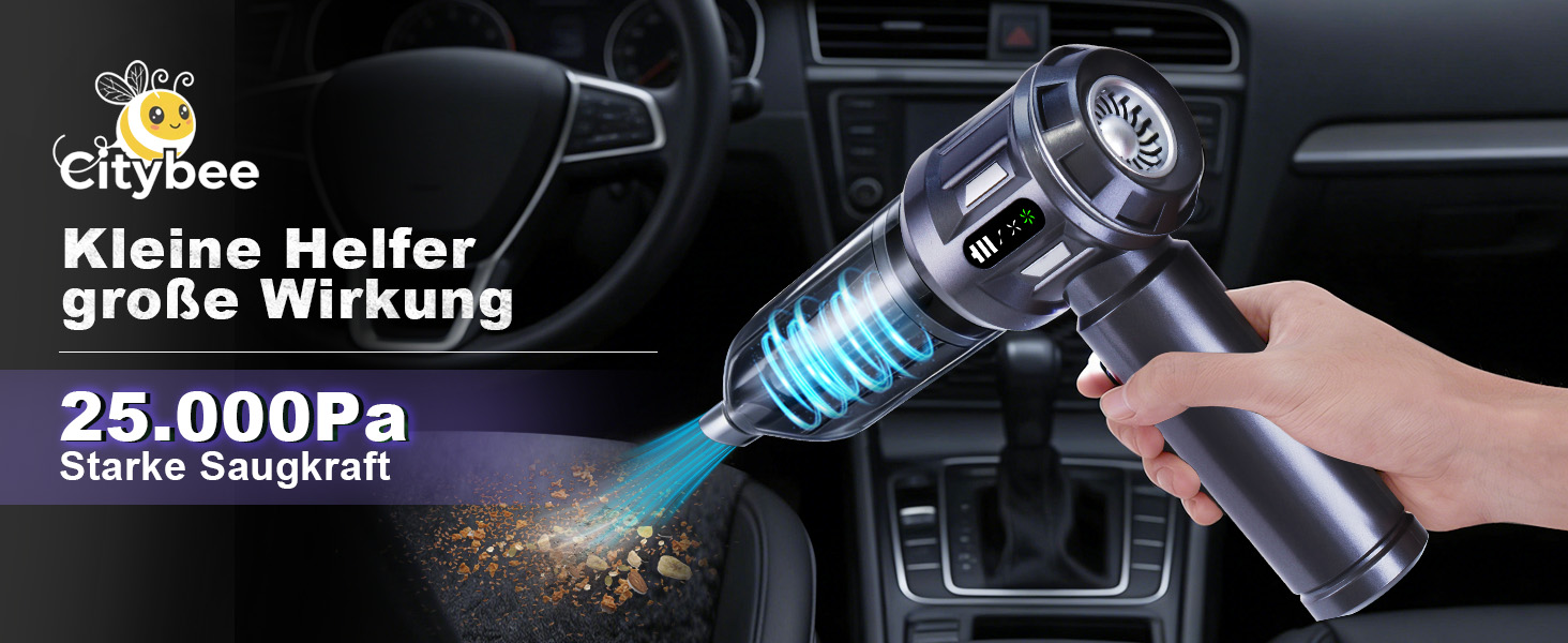 Акумуляторний ручний пилосос Citybee 4 в 1, бездротовий автомобільний та домашній пилосос 25000Па, безщіточний двигун, 3 режими потужності, для шерсті тварин, сірий