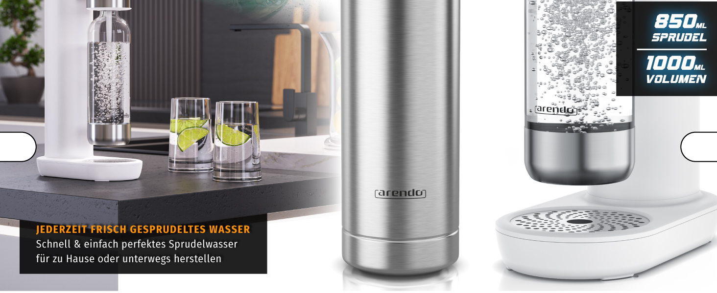 Сифон для газування води Arendo Soda Maker, набір з двома пляшками (1л пластикова BPA-free та 1л зі сталі), сумісний з циліндрами CO2 60л, білий