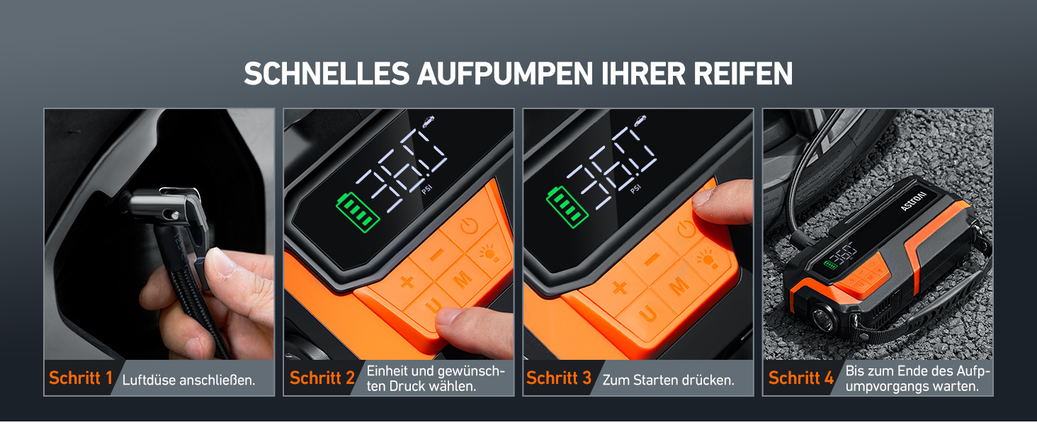 AstroAI MF16 Powerbank для запуску авто з компресором 150 PSI, 6000A, для 12V авто, мотоциклів, SUV, з LED-дисплеєм, помаранчевий