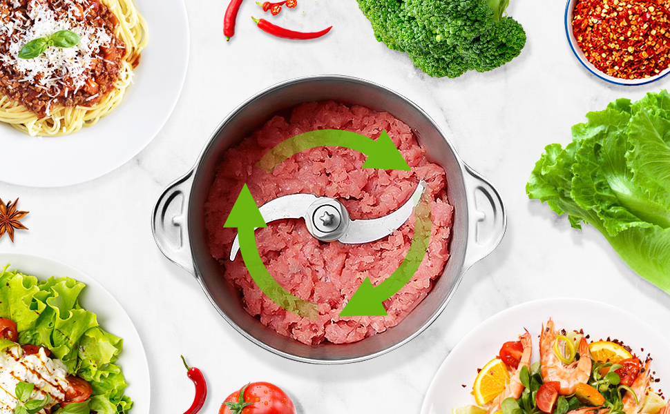 Електричний подрібнювач для кухні з великою ємністю 148W: 2 швидкості, 2л контейнер з нержавіючої сталі, 4 ножі з нержавіючої сталі. Подрібнювач для м'яса, цибулі, фруктів та овочів