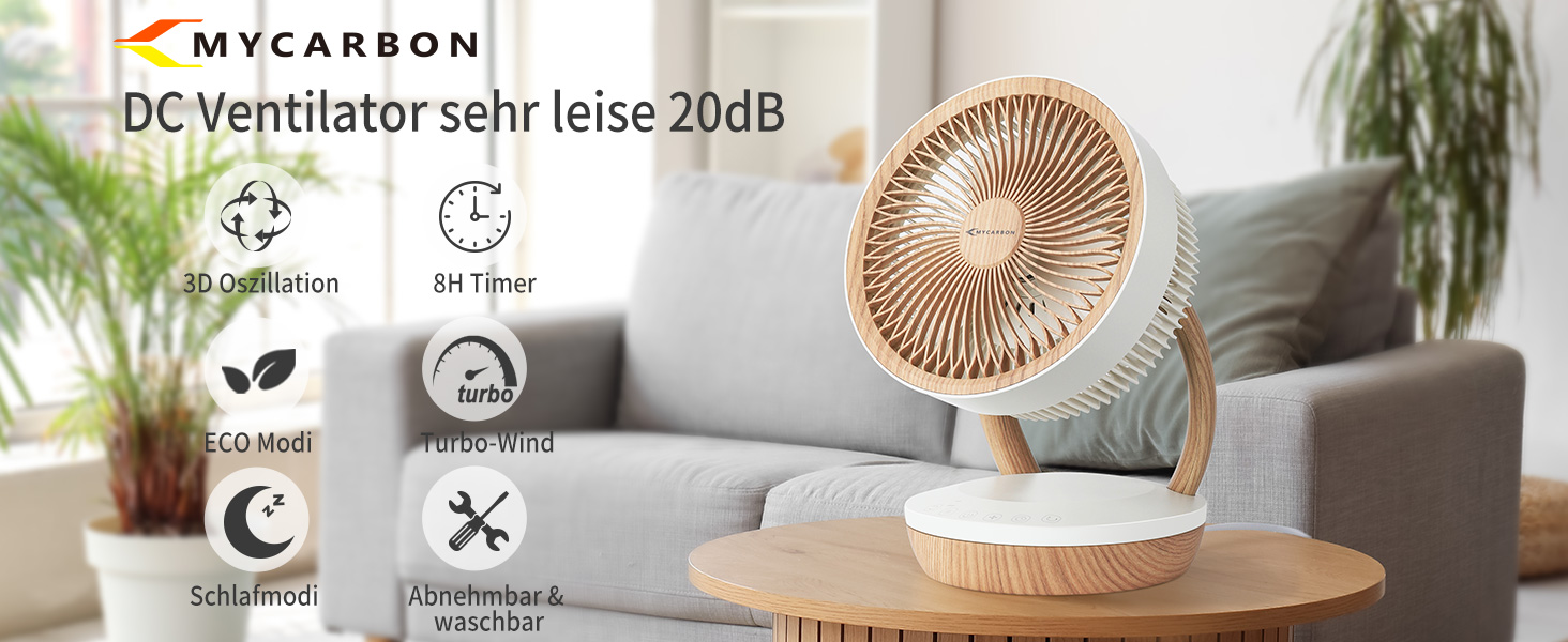 Вентилятор настільний MYCARBON FS05-DC: тихий, 8 швидкостей, 1850 м³/год, ECO-режим, 3D-циркуляція повітря для спальні 30м², таймер 8 год