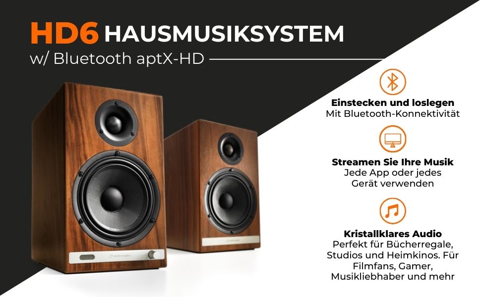 Бездротова акустика Audioengine HD6, 150 Вт, aptX-HD Bluetooth, 24-бітний ЦАП, справжній горіх (пара)