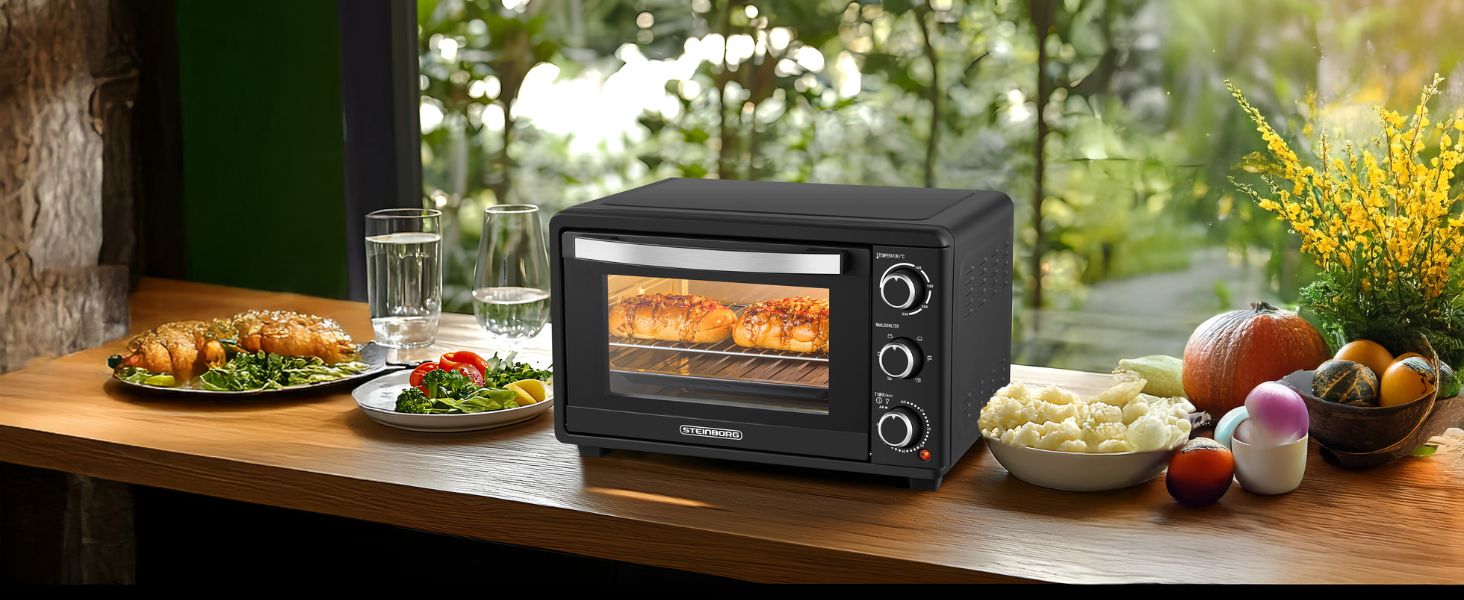 Міні-піч Steinborg 25 л з конвекцією: піч, піца, хліб. Таймер, 100-230°C, зйомний піддон. Економне споживання енергії