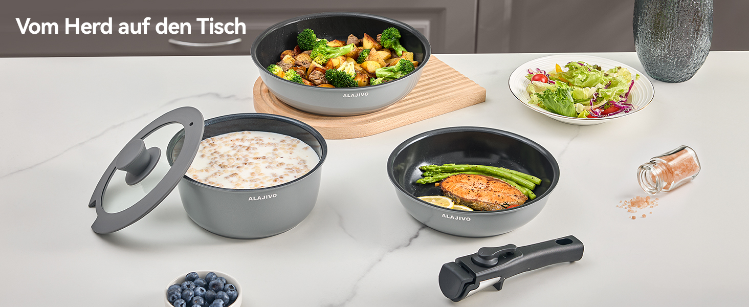 Набір посуду 9-ти частинний з знімним ручками, антипригарне покриття, для всіх типів плит, включаючи індукційні, сумісний з духовкою (сірий)