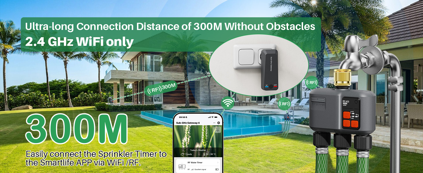 Розумний таймер поливу Johgee WiFi з радіоуправлінням 300м, сумісний з Alexa та Smart Life, для саду та газону (3 виходи, латунний вхід)