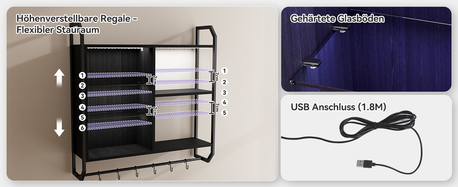 Підвісні полиці YU YUSING з RGB підсвічуванням (7 кольорів), з 8 гачками, для ігор, демонстрації, декору спальні, кухні, бару, ігрової кімнати, шестикутна форма (82.5x80x21.5 см)