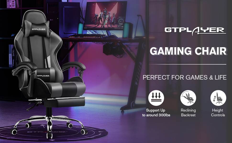 Ігрове крісло GTPLAYER з підніжкою, підголівником та подушкою для попереку. Ергономічне офісне крісло з штучної шкіри, сірого кольору.