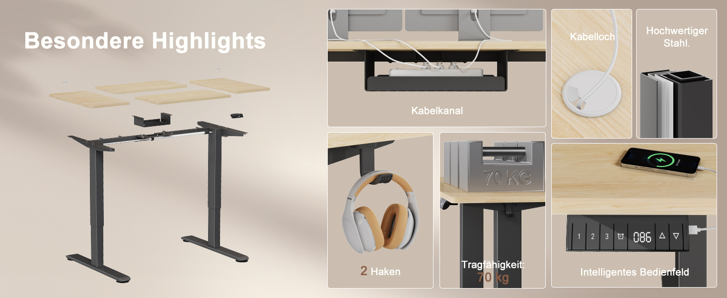 Регульований стіл висотою 200x80 см з USB-портом, 3 режими пам'яті, антиколізійна система, комп'ютерний стіл, горіх+чорний