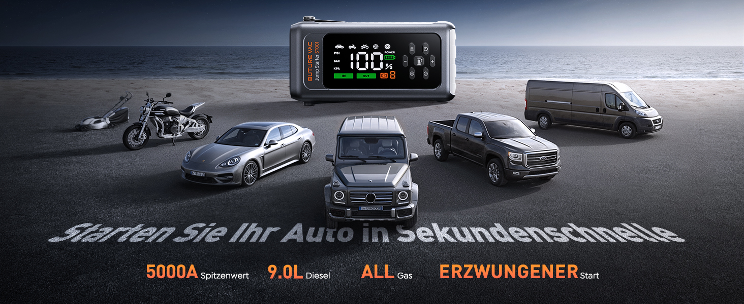 Портативний пусковий пристрій 5000A з компресором 150PSI, 12V, для автомобілів, з ліхтариком, рукавичками