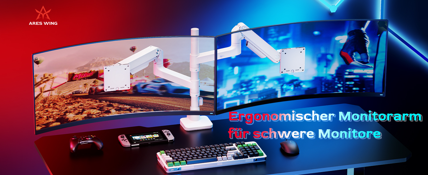 Кріплення для монітора ARES WING для 2 моніторів, 17-49 дюймів, газ-амортизатор, регулювання висоти, поворотний, VESA 75/100 мм, 2-20 кг, білий