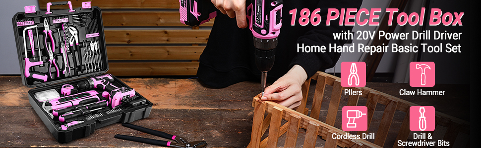 Набір інструментів DEKO з акумуляторним шуруповертом 20V, 186 предметів, рожевий — базовий набір для дому та ремонту