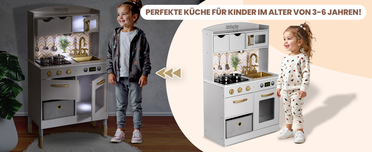 Дерев'яна дитяча кухня Kinderplay з LED та звуками приготування їжі – регульована висота 92–107 см – іграшкова кухня для ролевих ігор від 3 років – повний комплект з аксесуарами, світло-сірий колір Elegant - світло-сірий