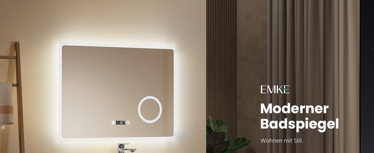 LED дзеркало для ванної кімнати EMKE 90x70 см з підсвічуванням, годинником та захистом від запотівання, IP44