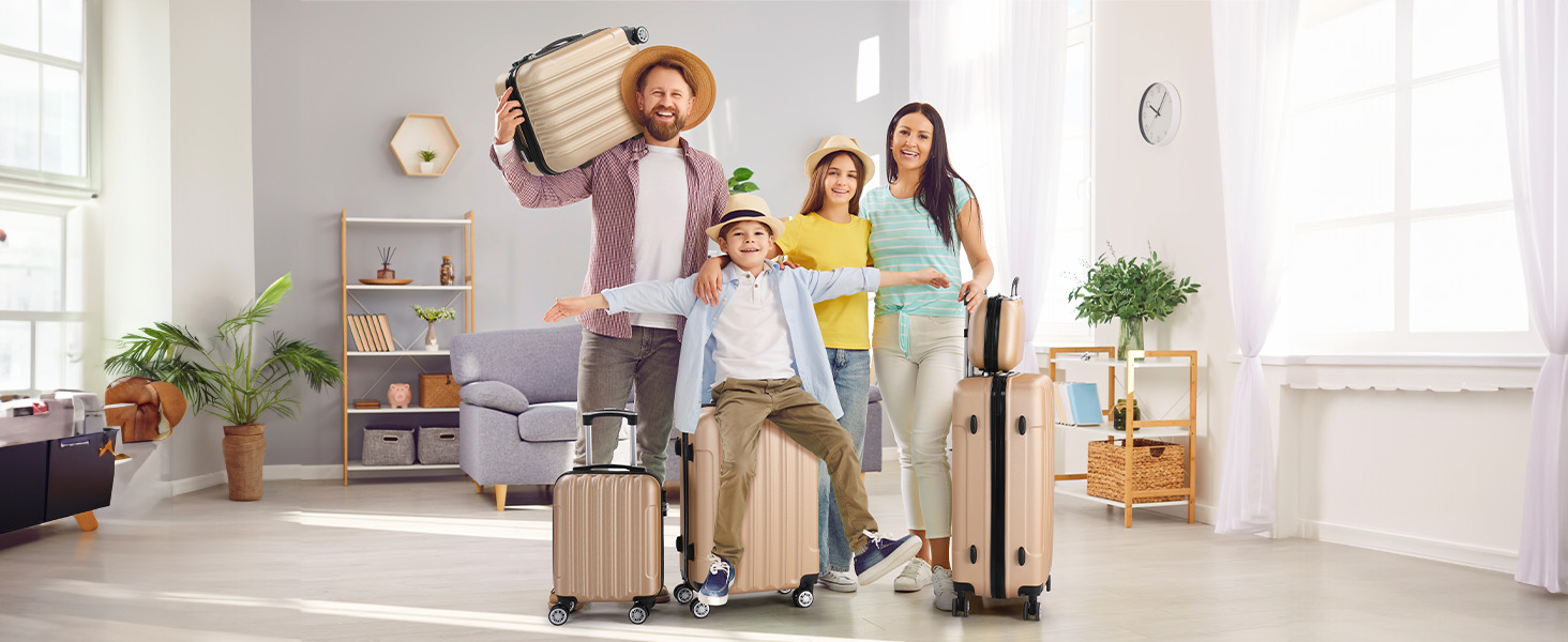 Набір валіз LALAHO 4 шт. з косметичками, з ABS пластику, золотий колір, для подорожей, ручна поклажа