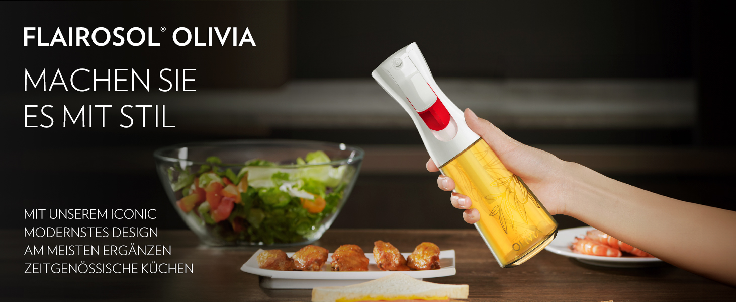 Скляний розпилювач для оливкової олії FLAIROSOL OLIVIA (200 мл) — дозатор для кухні, гриля та аерофритюрниці, прозорий з золотом