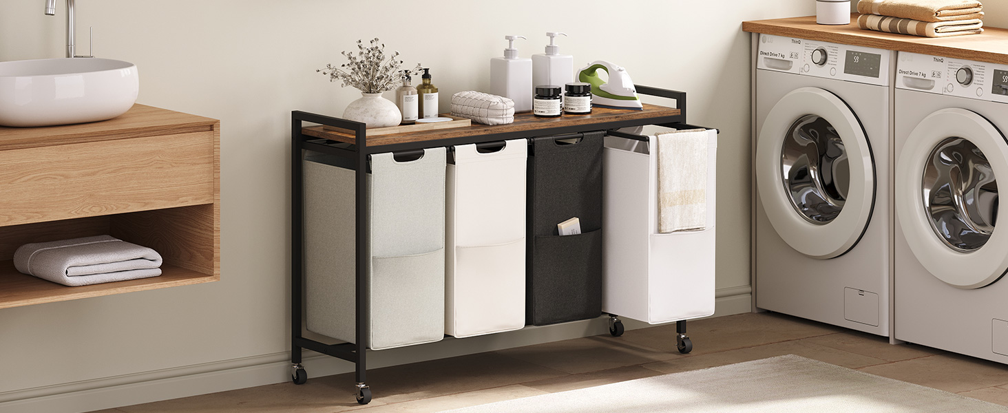 Кошик для білизни HOOBRO з 3 відділеннями, 119L, на колесах, з полицями, білий