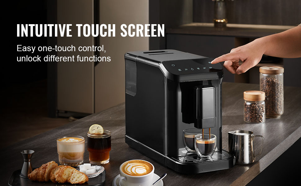 Автоматична кавомашина VEVOR CM9002E-GS з вбудованою кавомолкою, 15 ступенів помелу, об'єм резервуару для води 1,5 л, ємність для зерен 180 г