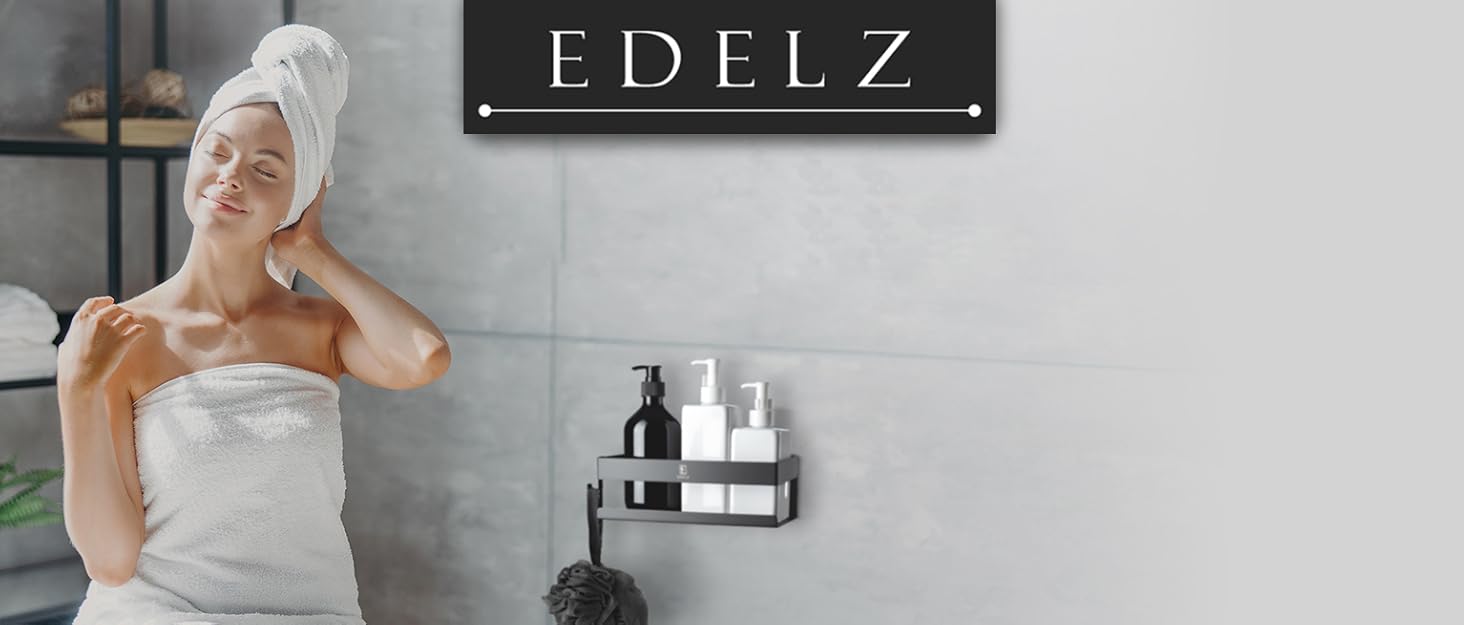 Поличка для душу Bad Duschablage без свердління - тримач для шампуню з нержавіючої сталі з оригінальними клейкими панелями 3M, 2 рухомі гачки, додатковий тримач для бритви (Чорний нержавіюча сталь)