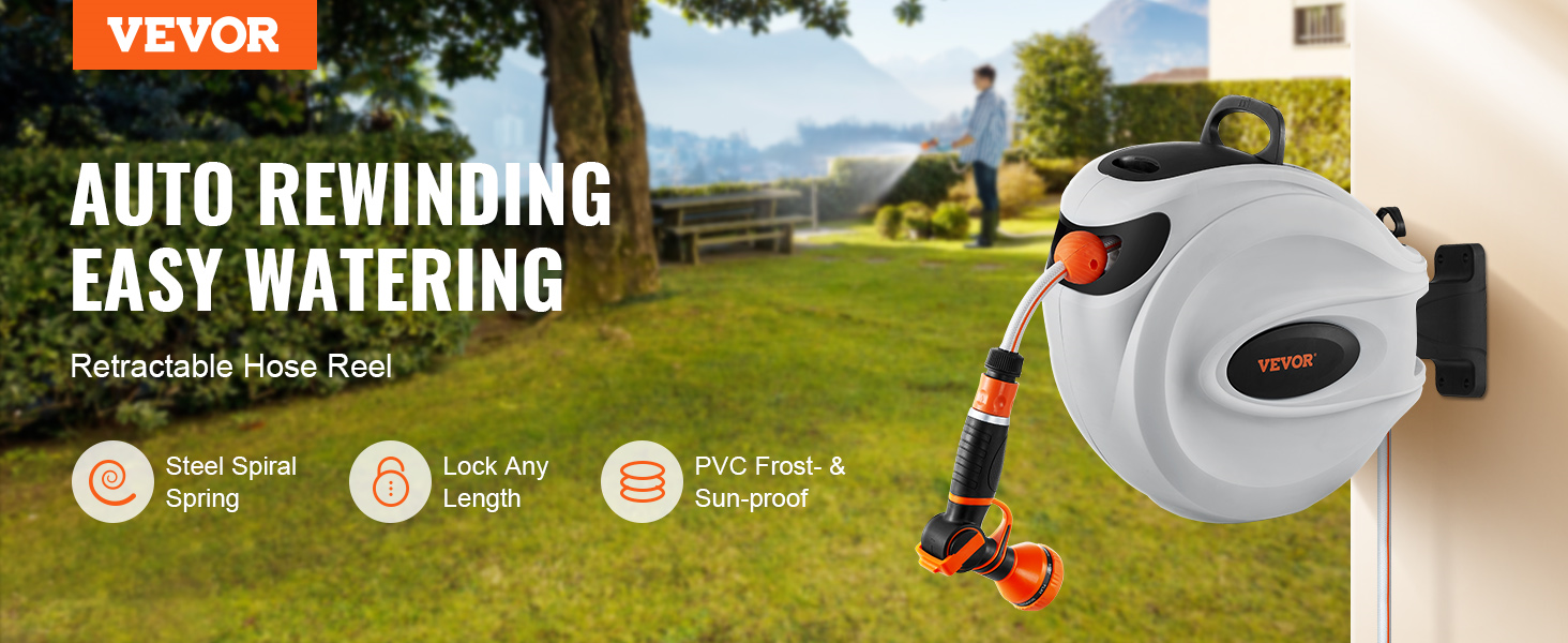 Шланг для поливу VEVOR 35 м з підключенням 12 мм з кріпленням на стіну, ручкою та автоматичним змотуванням. Комплектується розпилювачем з 9-ма режимами. Ідеально для поливу та миття автомобіля.