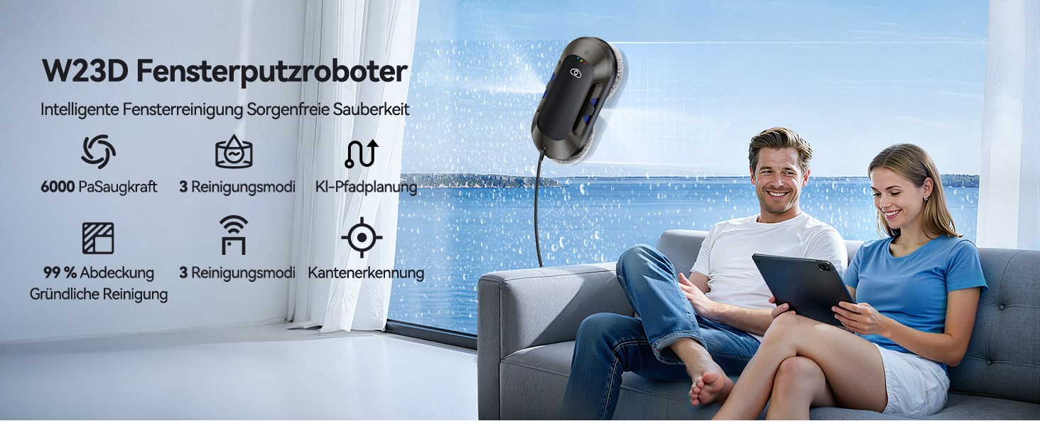 Робот для миття вікон 6000Pa з подвійною насадкою, електричний, з пультом дистанційного керування, 3 режими миття, інтелектуальна навігація, розпізнавання країв, система безпеки, для гладких поверхонь, W23d