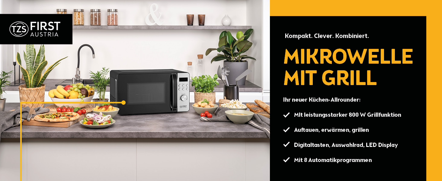 Мікрохвильова піч First Austria з грилем 20 л - Комбінована мікрохвильова піч 2-в-1, 700 Вт + 800 Вт гриль, 8 програм, швидкий старт, LED-дисплей, нержавіюча сталь, блокування від дітей, чорний колір