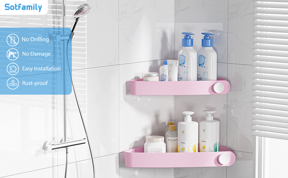 Пластикова поличка для душу Sotfamily без свердління (для кута 90°), 4 шт, рожева