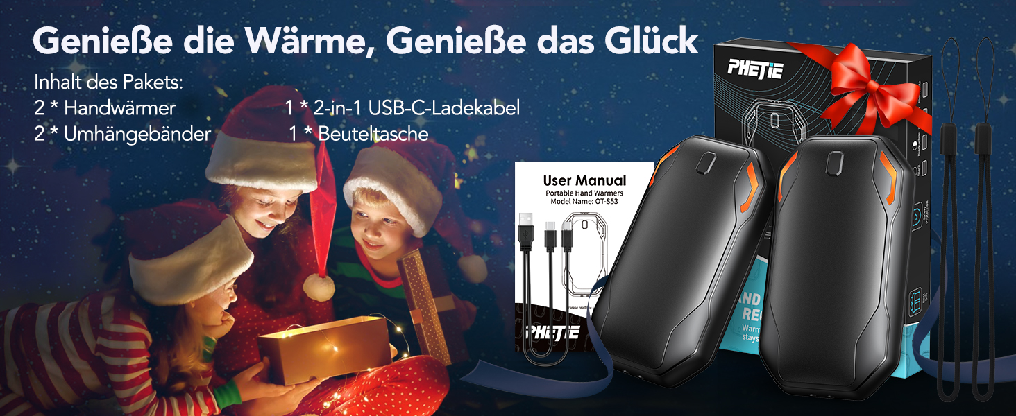 Електричні грілки для рук PHEJIE, 2 шт. з підзарядкою, 3 режими нагріву, портативні, для активного відпочинку, кемпінгу, гольфу, подарунок для жінок та чоловіків, чорний