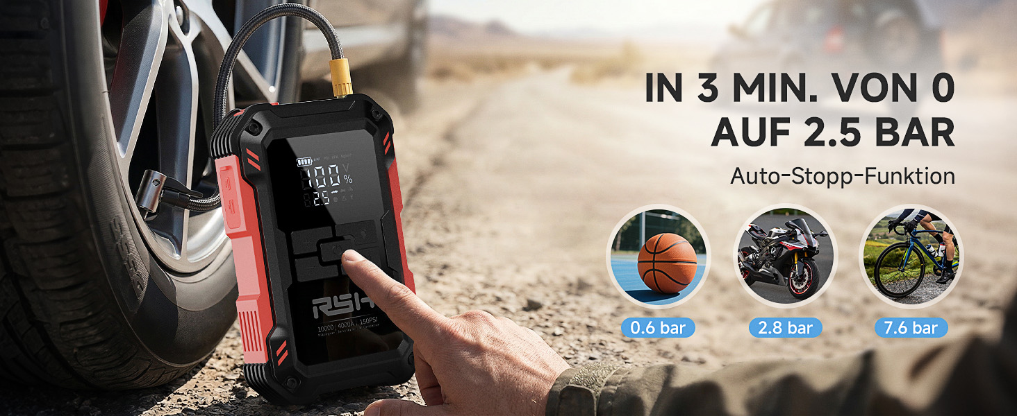 Пусковий пристрій RSH 4000A Jump Starter з компресором 150 PSI, бустер для авто 12V (бензин до 9.0L, дизель до 6.5L), Powerbank 10000 mAh та LED-ліхтарем, 4-в-1