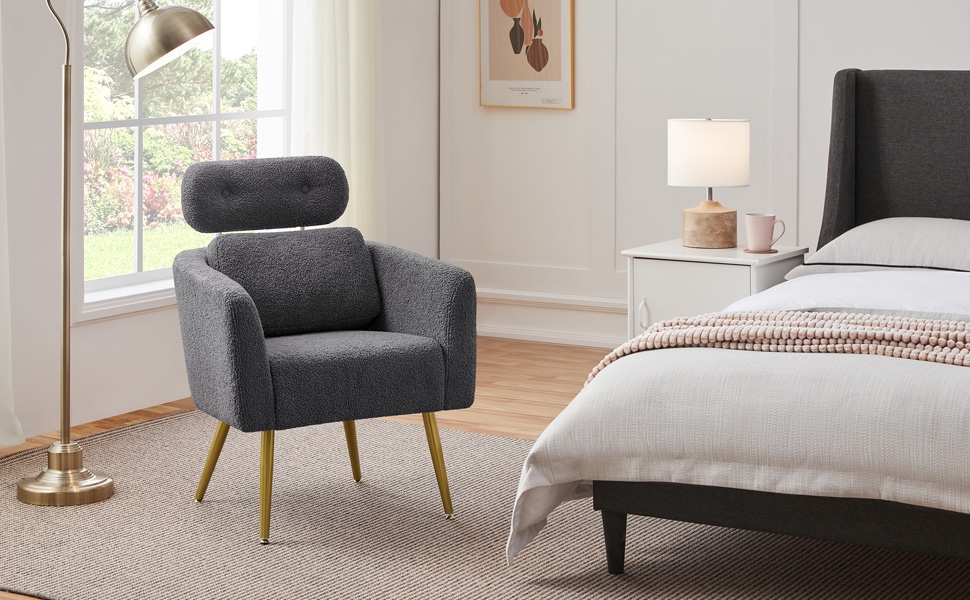 Крісло Yaheetech з тканини букле, крісло-релакс з регульованою спинкою та металевими ніжками, біле (темно-сіре)