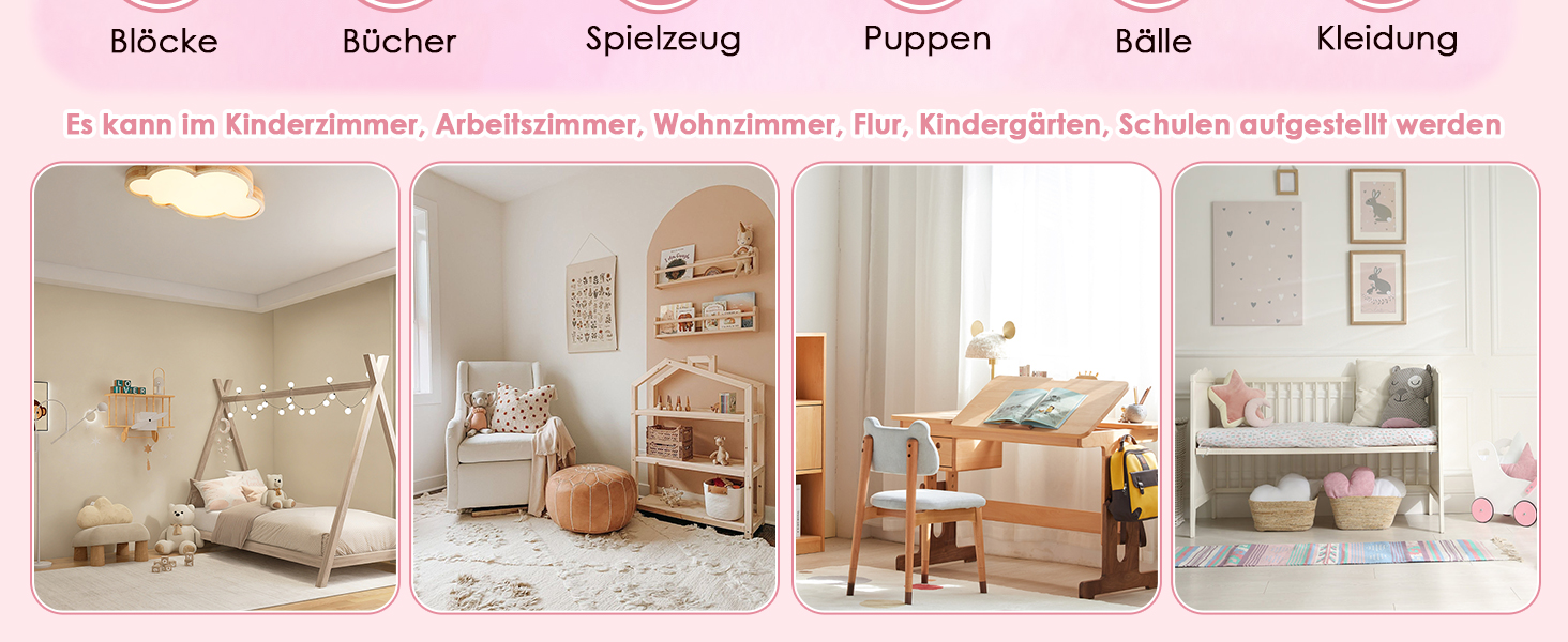 FOREHILL Дитяча полиця-стеллаж для іграшок та книг з 6 ящиками, 119 x 29,5 x 94 см, білий (рожевий)