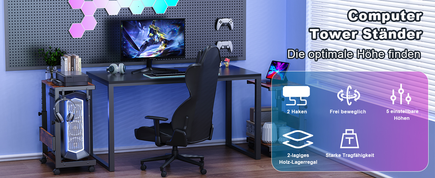 Регульована підставка для комп'ютера Tower з 2-ярусним корпусом ATX, підлоговий стійк, стійка для 3D-принтера з полицями, фіксуючі колеса, сумісна з більшістю комп'ютерів (темно-коричневий, W44 x D30 x H44-59.5cm)