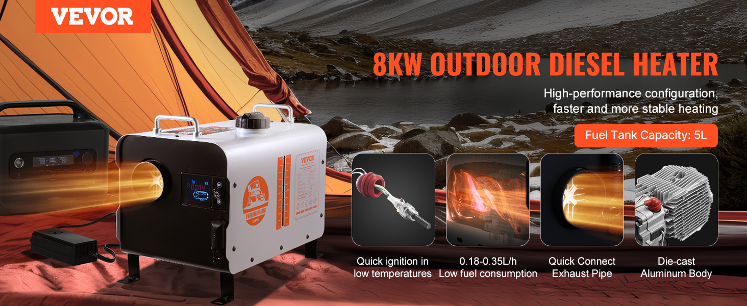 Автономний дизельний обігрівач повітря VEVOR 8 кВт 12В/24В з Bluetooth, пультом керування та CO-датчиком, портативна дизельна пічка для автомобілів та приміщень, білий