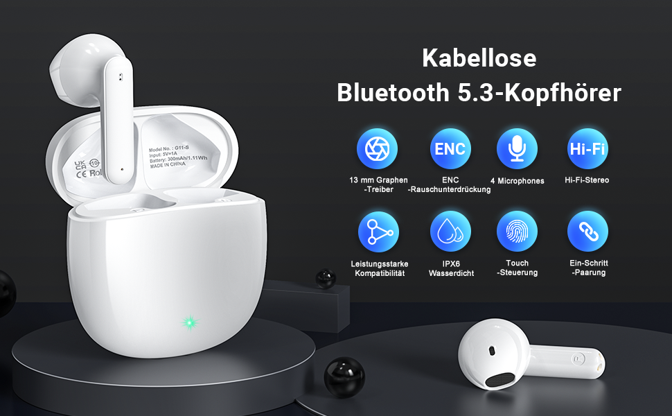 Навушники-вкладиші Godyse Bluetooth 5.3, бездротові, HiFi стерео, 4 мікрофони, IPX6, сенсорний, ENC, білий