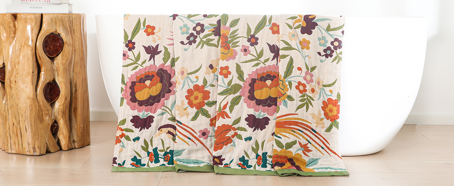 Плед Boho з 100% бавовни, стиль кантрі, 150x200 см, гранатовий колір. Плед на диван та ліжко з квітковим візерунком (квіти, птахи)