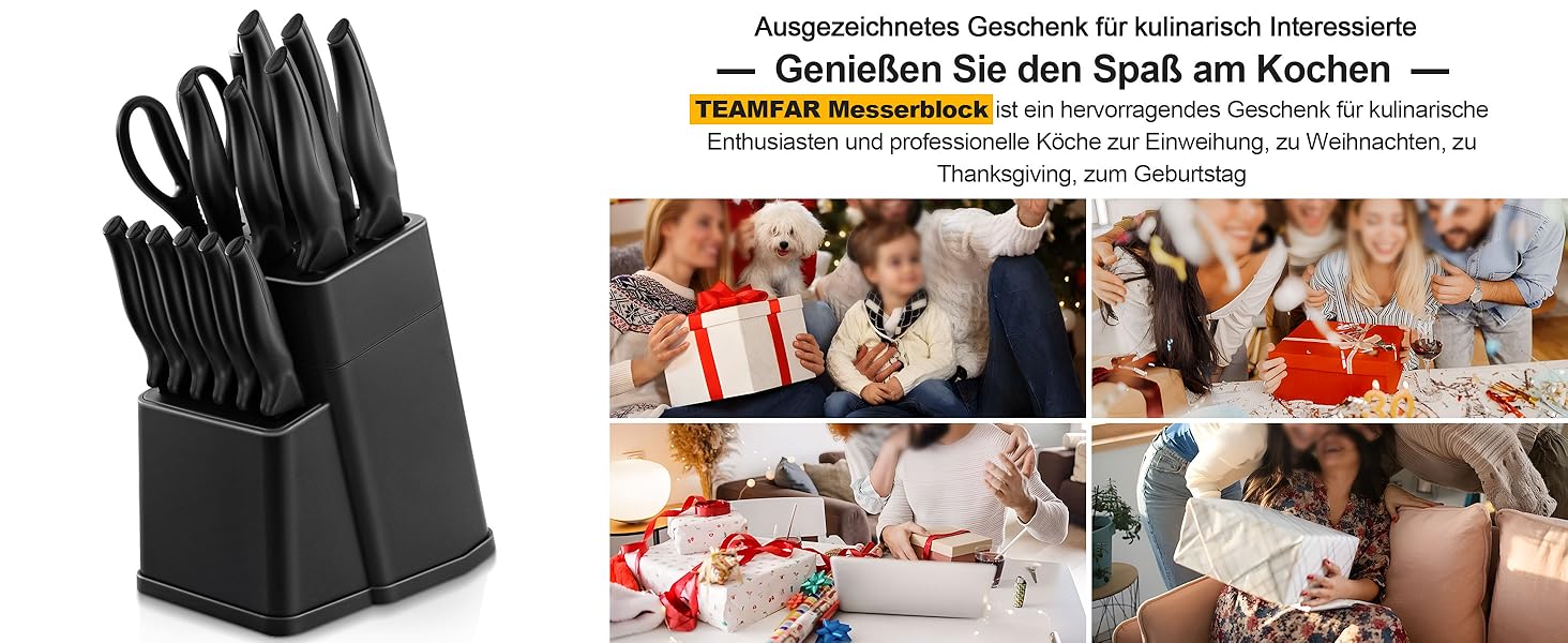 Набір кухонних ножів TEAMFAR 15 предметів з підставкою, нержавіюча сталь, з точильним каменем, антипригарне покриття, чорний