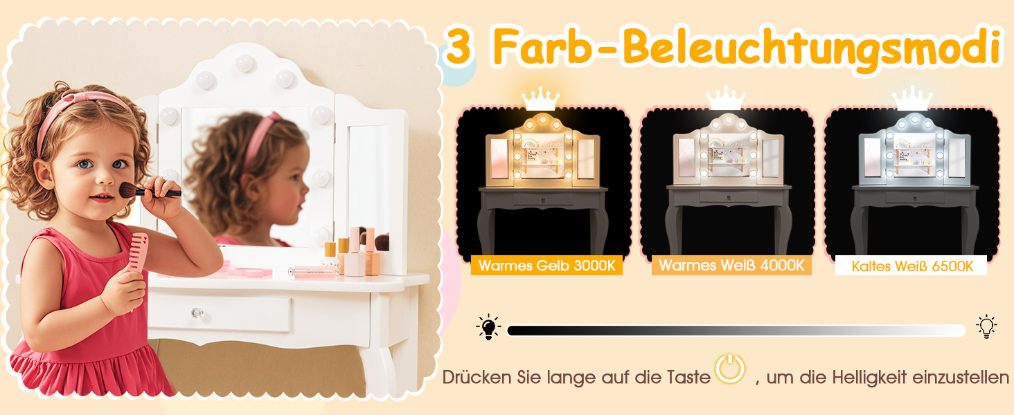 Дитячий столик для макіяжу 2 в 1 з підсвіткою та дзеркалом, COSTWAY, для дівчаток (білий)