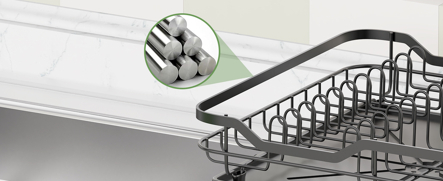 Сушарка для посуду ROTTOGOON розширювана, нержавіюча сталь, з висувним носиком та відділенням для столових приладів, чорна (1-рівнева)