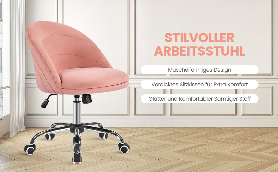 Крісло Yaheetech для дому та офісу: регульоване, обтягнуте велюром, з поворотним механізмом, до 136 кг, білий/рожевий