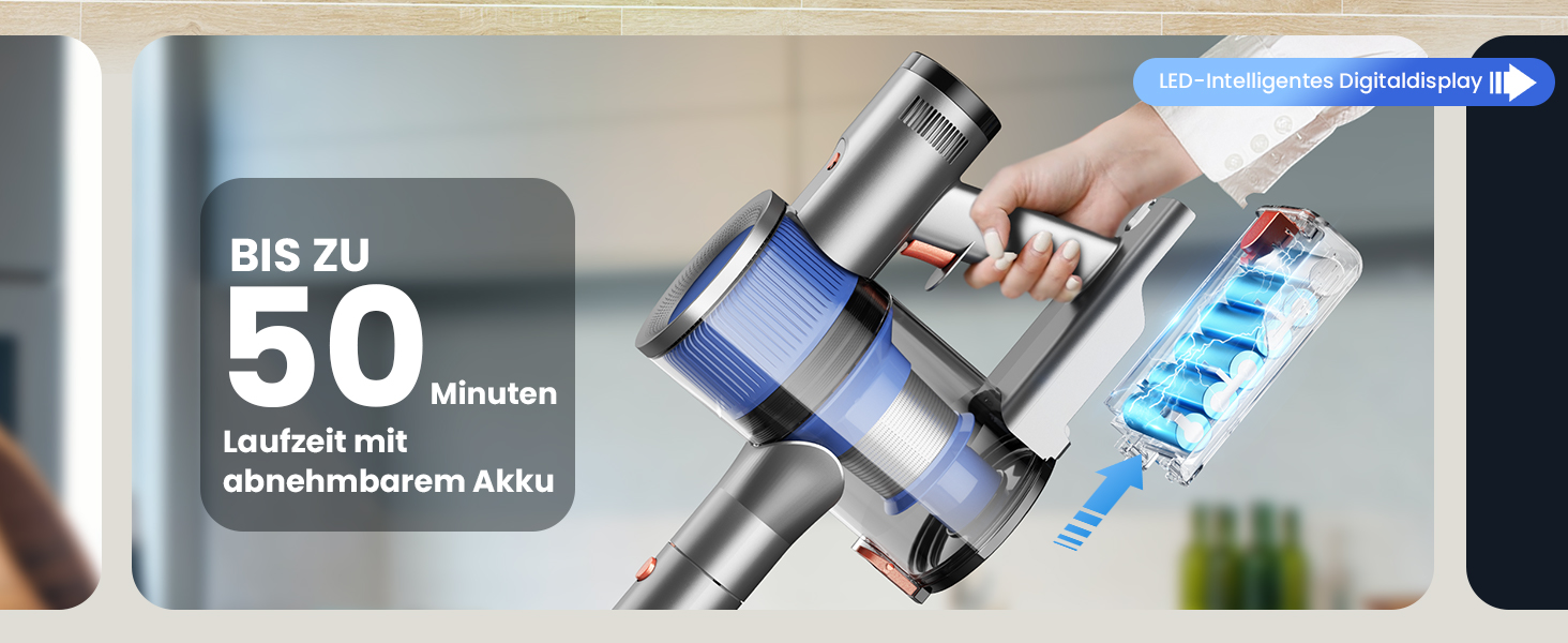 Бездротовий пилосос Dzaki 45000Pa з акумулятором, Smart-дисплеєм, функцією паркування та антизаплутанащістю для килимів, твердих поверхонь, шерсті тварин та авто (блакитно-сірий)