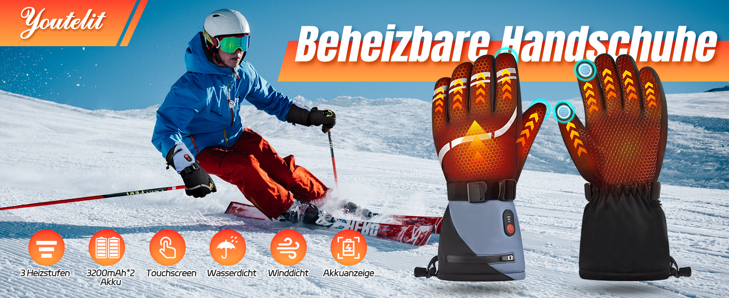 Обогревні рукавички Youtelit для жінок та чоловіків, 7.4V, 6400mAh, акумуляторні, 3 режими нагріву, водонепроникні, сенсорні, для мото, гірськолижного спорту, альпінізму, туризму, універсальний розмір