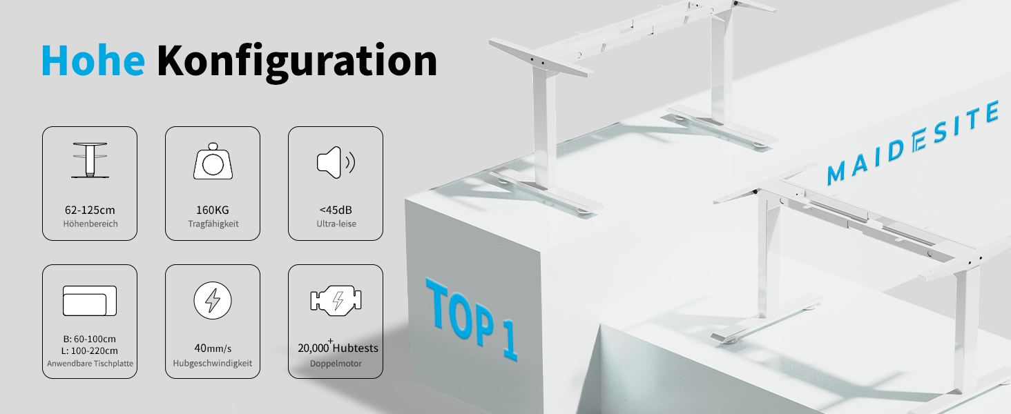 Електричний регульований стіл MAIDeSITe T2 Pro Plus (Чорний, Сірий) з 2 моторами, 3 ступені регулювання та пам'ять