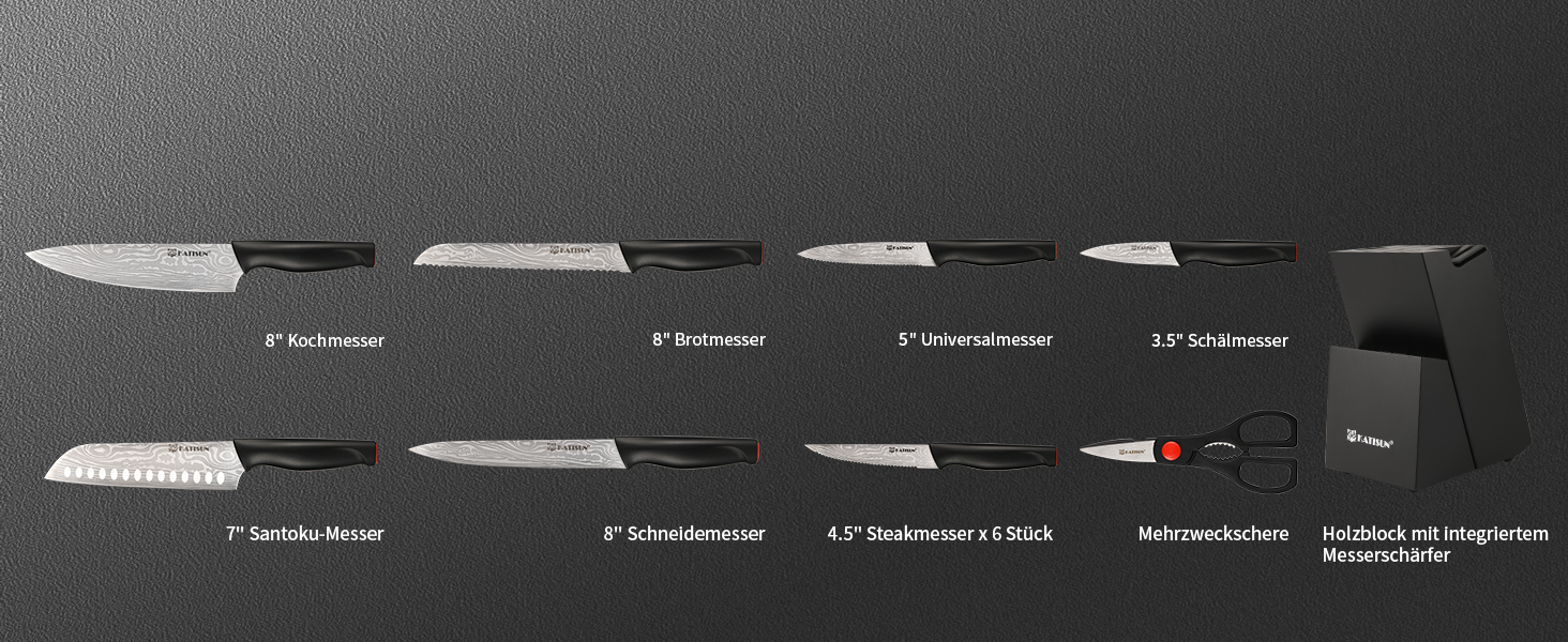 Набір кухонних ножів Katisun 16 шт. з підставкою, точилка, дощечка та ножиці. Японська сталь, чорний колір.