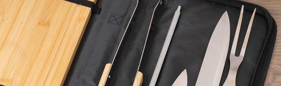 Персоналізований набір для барбекю Wanapix | 6 аксесуарів (ніж, точилка, ніж для нарізання, щипці, бамбукова дошка)