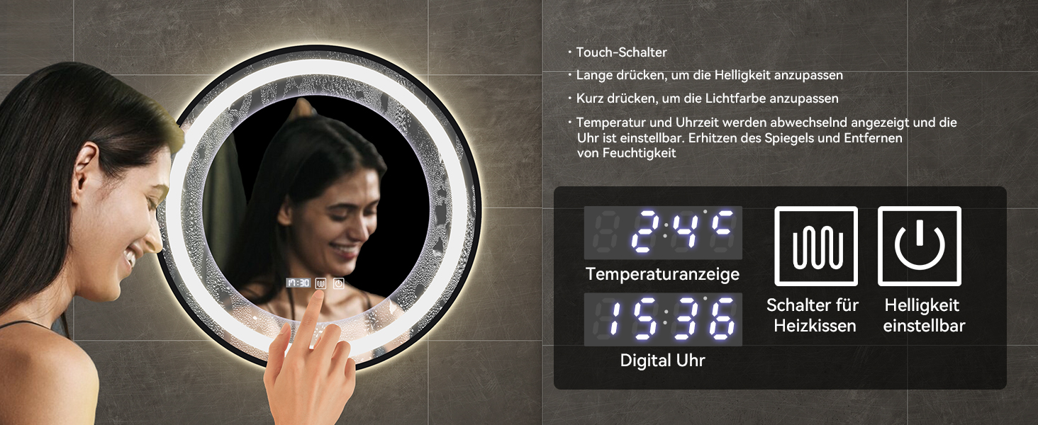 Дзеркало для ванної кімнати YOURLITE з підсвічуванням, 60 см, кругле, LED, 3 кольори, регулювання яскравості, сенсорний вимикач, антизапарник, пам'ять, IP44, чорний